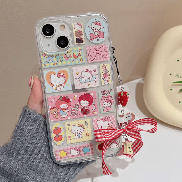 Kawaii Handmade Hello Kitty Sticker iPhone Case With Phone Chain - ArtGalleryZen
