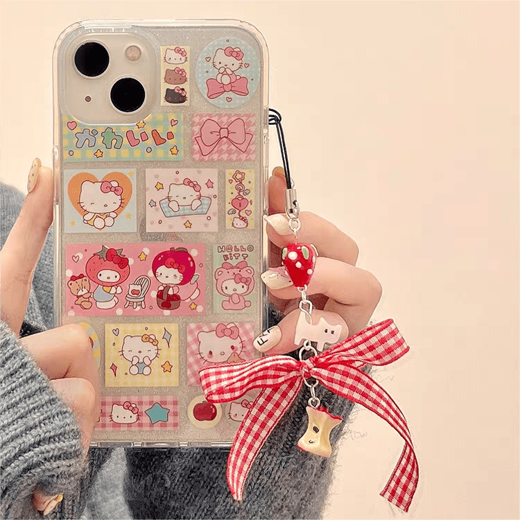 Kawaii Handmade Hello Kitty Sticker iPhone Case With Phone Chain - ArtGalleryZen