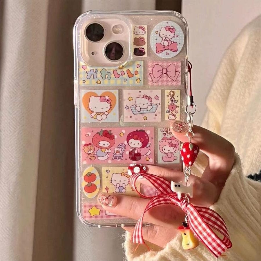 Kawaii Handmade Hello Kitty Sticker iPhone Case With Phone Chain - ArtGalleryZen