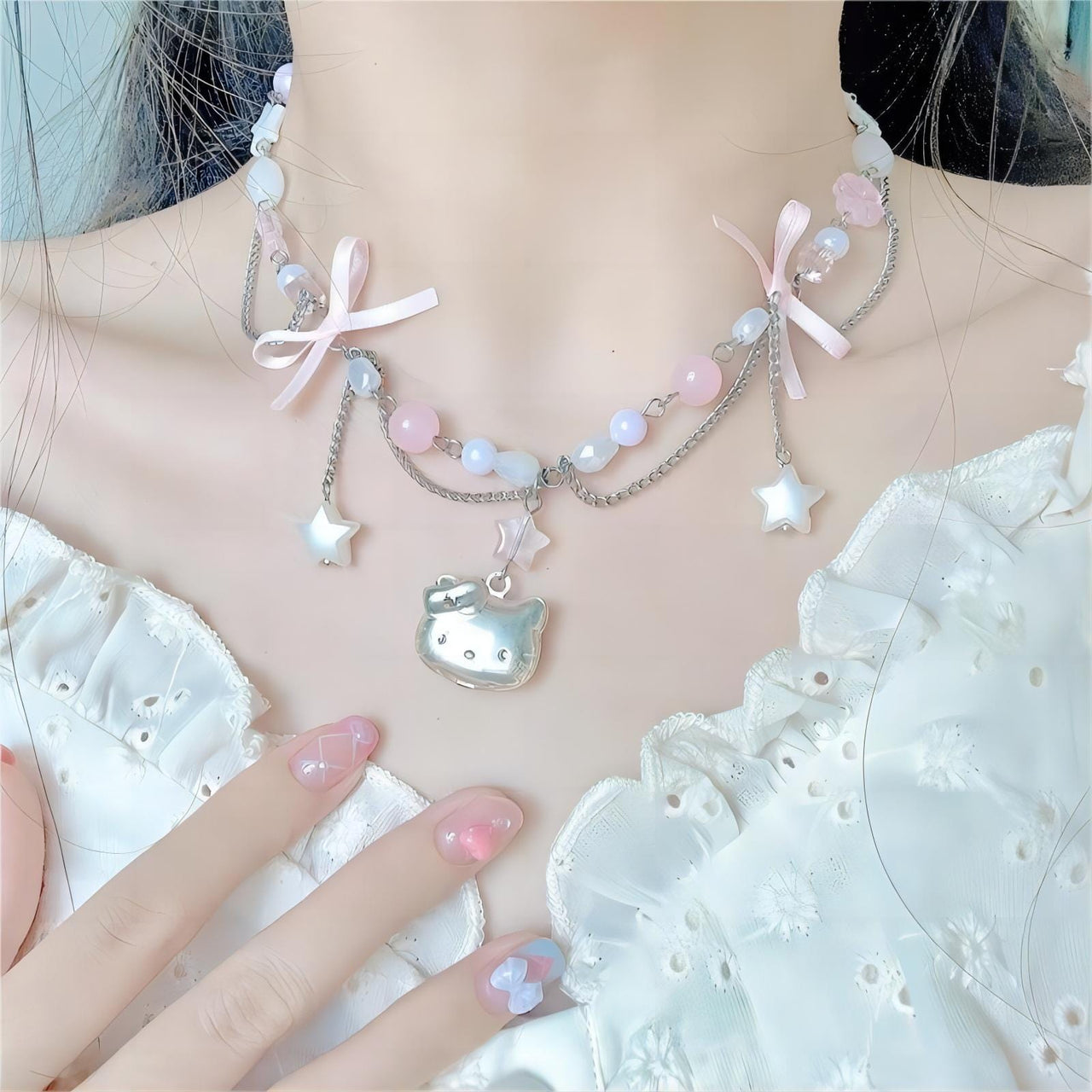 Kawaii Layered Star Tassel Hello Kitty Ball Chain Necklace - ArtGalleryZen