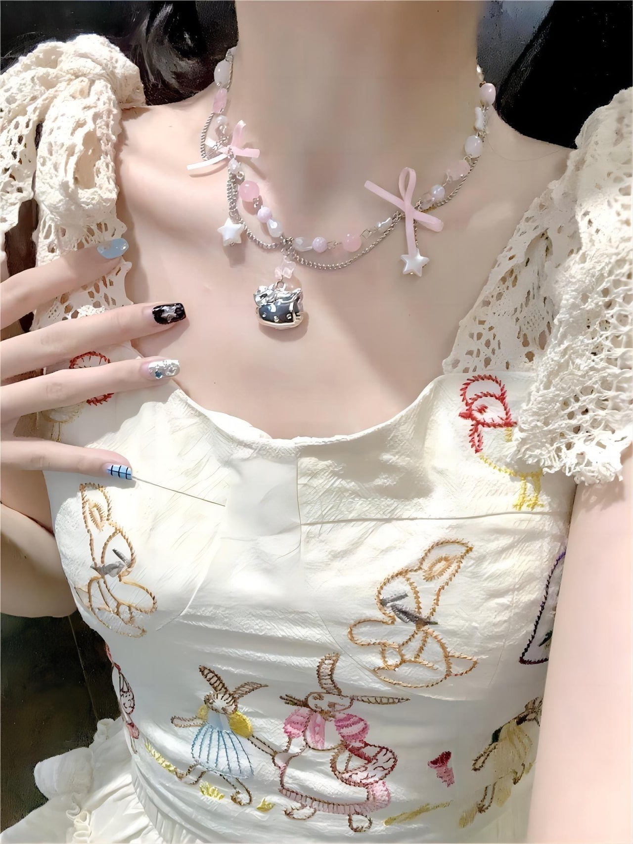 Kawaii Layered Star Tassel Hello Kitty Ball Chain Necklace - ArtGalleryZen