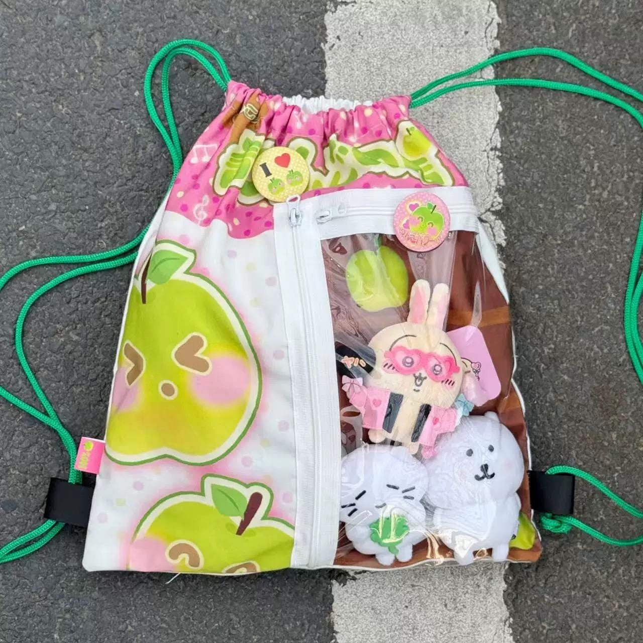 Kawaii Red Green Apple Kpop Fan Display Drawstring Backpack - ArtGalleryZen