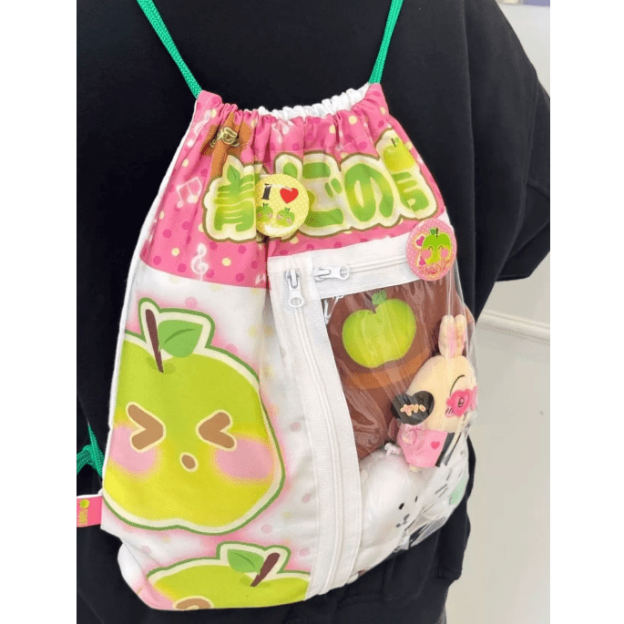 Kawaii Red Green Apple Kpop Fan Display Drawstring Backpack - ArtGalleryZen