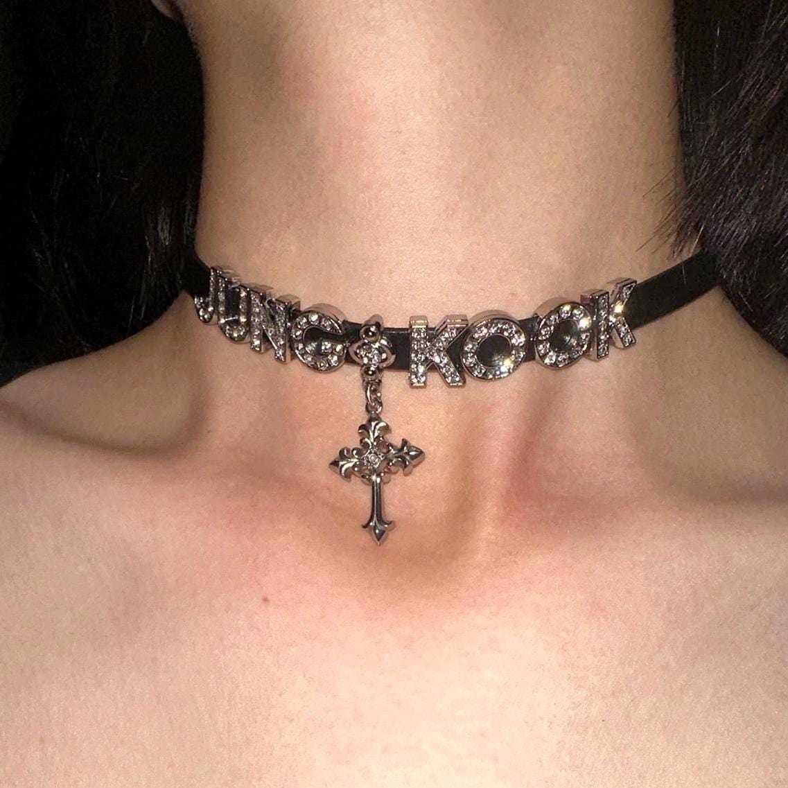 Kpop BTS Rhinestone Inlaid Letter PU Leather Collar Choker Necklace Bracelet - ArtGalleryZen