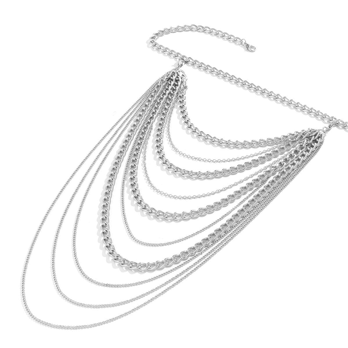 Layered Gold Silver Tone Curb Link Chain Tassel Shoulder Necklace - ArtGalleryZen