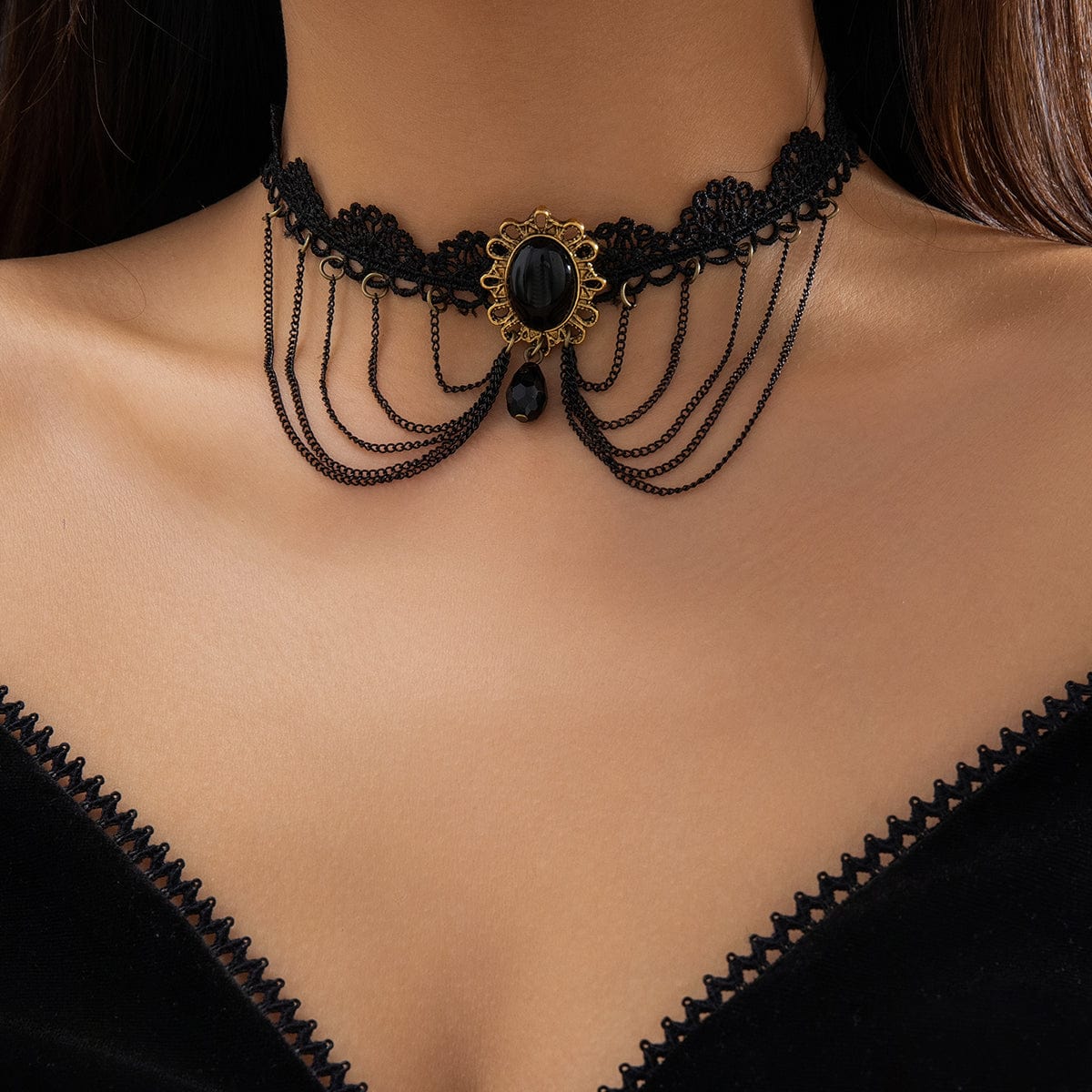 Lolita Layered Oval Rhinestone Pendant Lace Choker Necklace - ArtGalleryZen