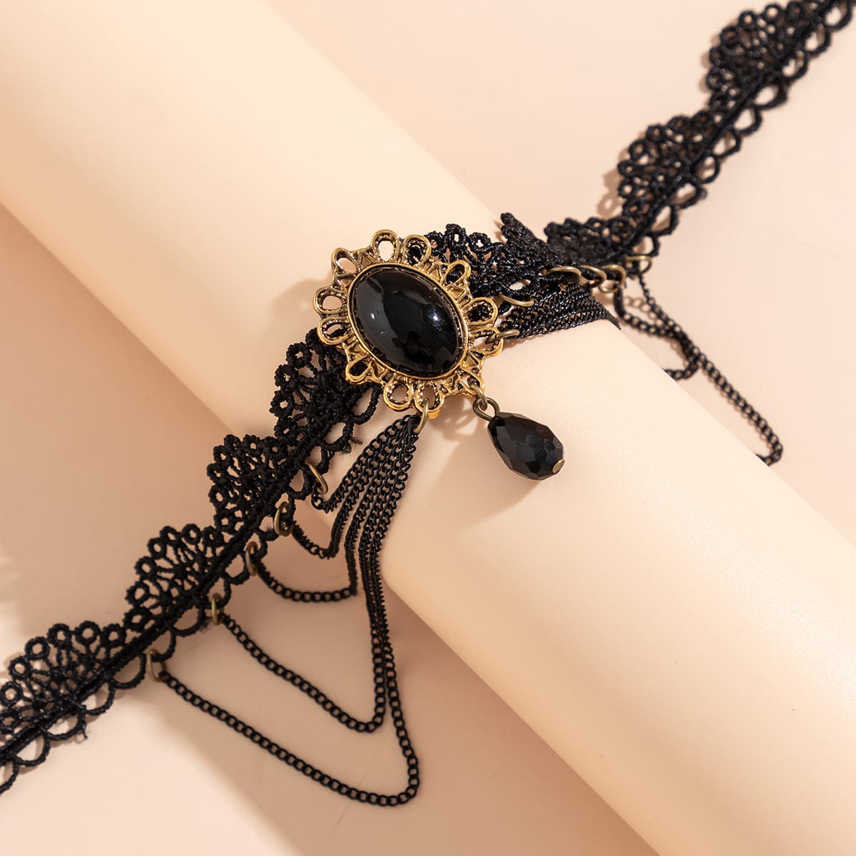 Lolita Layered Oval Rhinestone Pendant Lace Choker Necklace - ArtGalleryZen