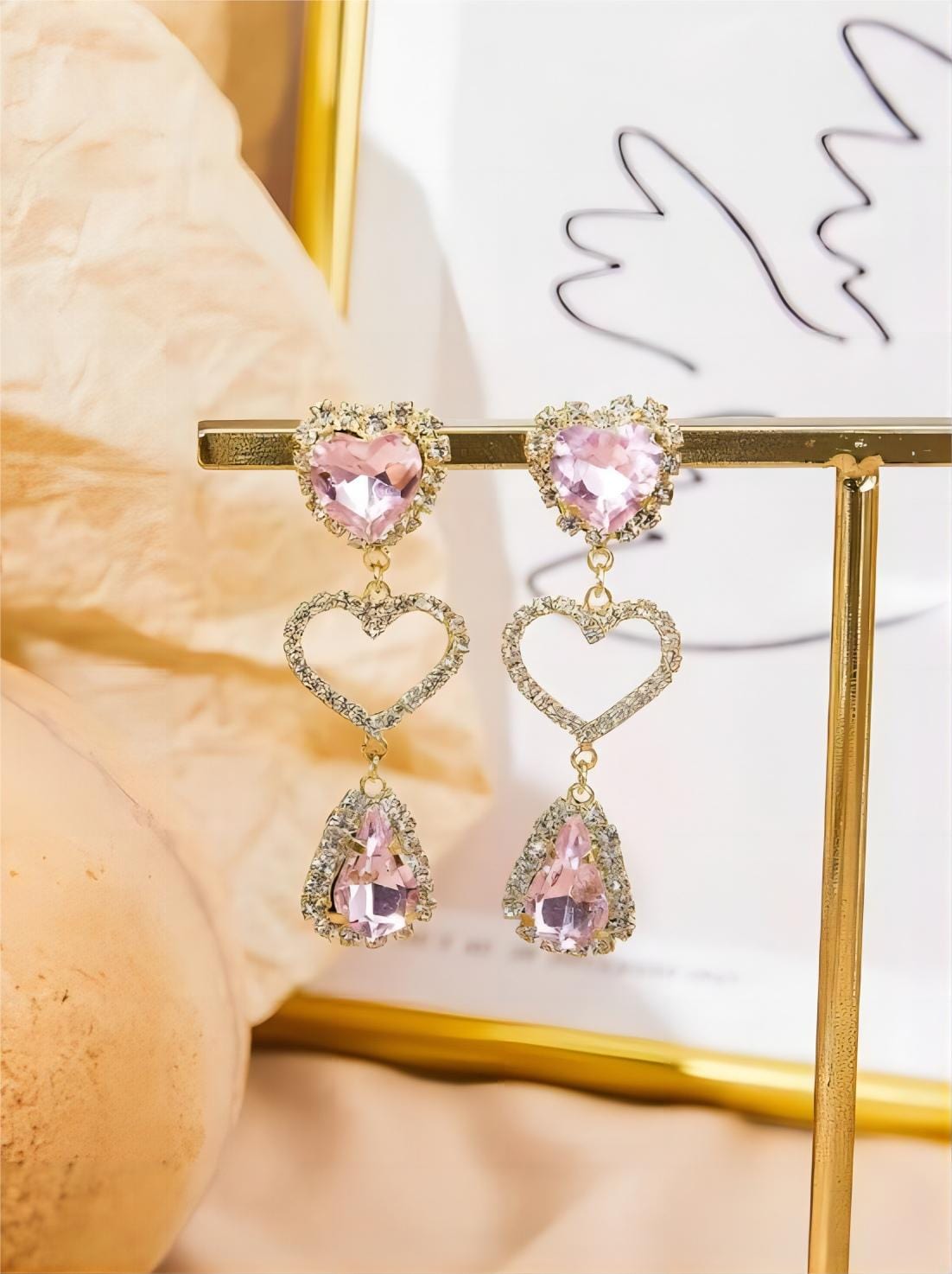 Chanel-Inspired Pink Crystal Heart Drop Earrings for a Romantic