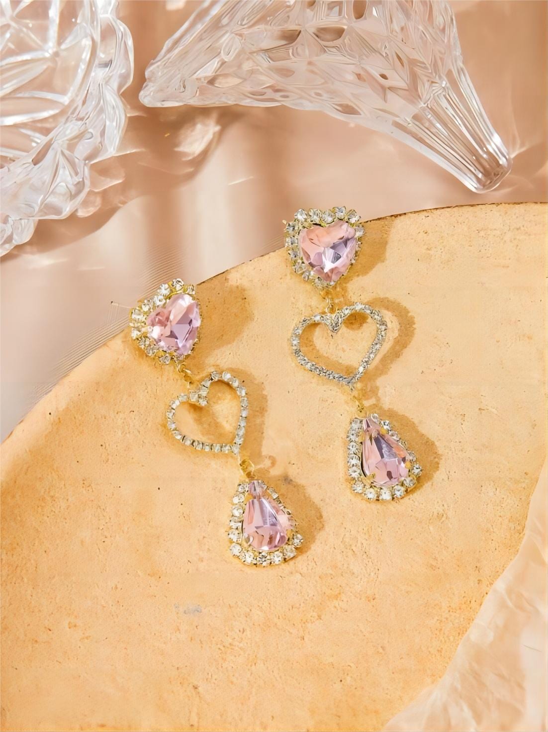 LUX Pink Rhinestone Heart Dangle Earrings - ArtGalleryZen