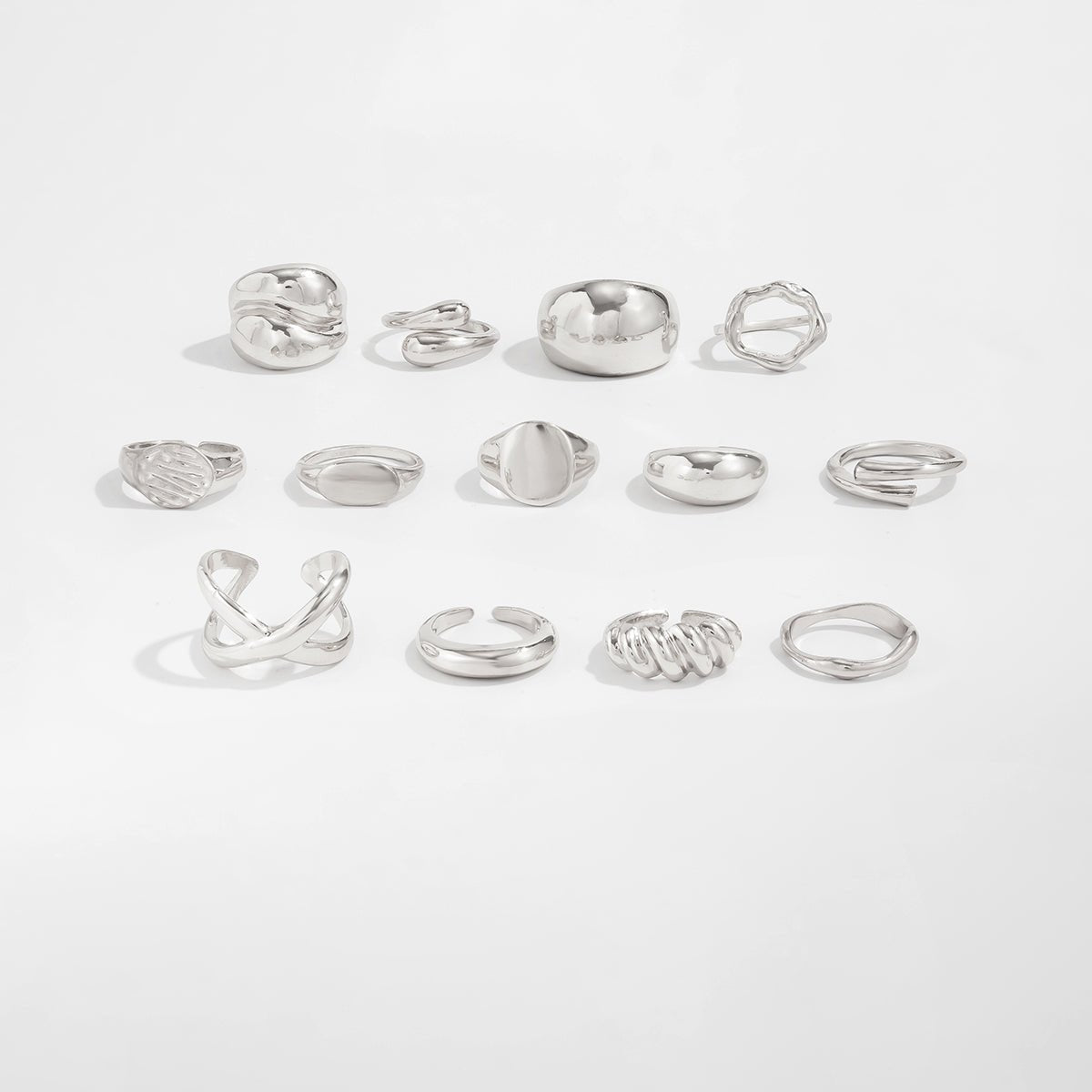 Minimalist 13pcs Gold Silver Tone Chunky Waterdrop Hollow Ring Set - ArtGalleryZen