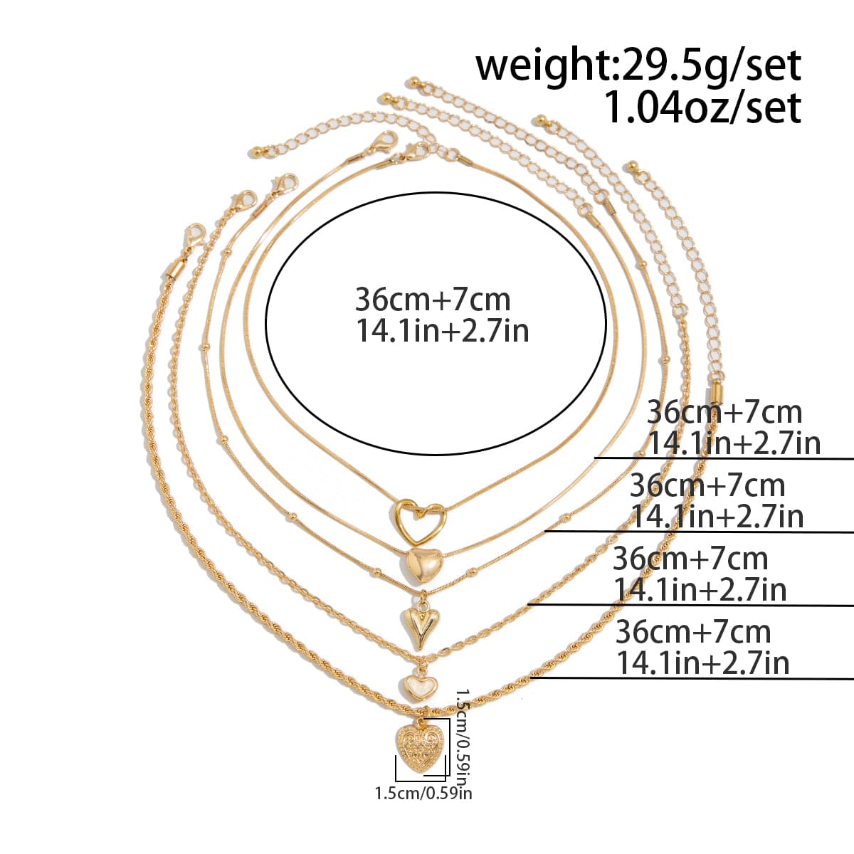 Minimalist 5pcs Relief Hollow Heart Pendant Rope Saturn Chain Necklace Set - ArtGalleryZen