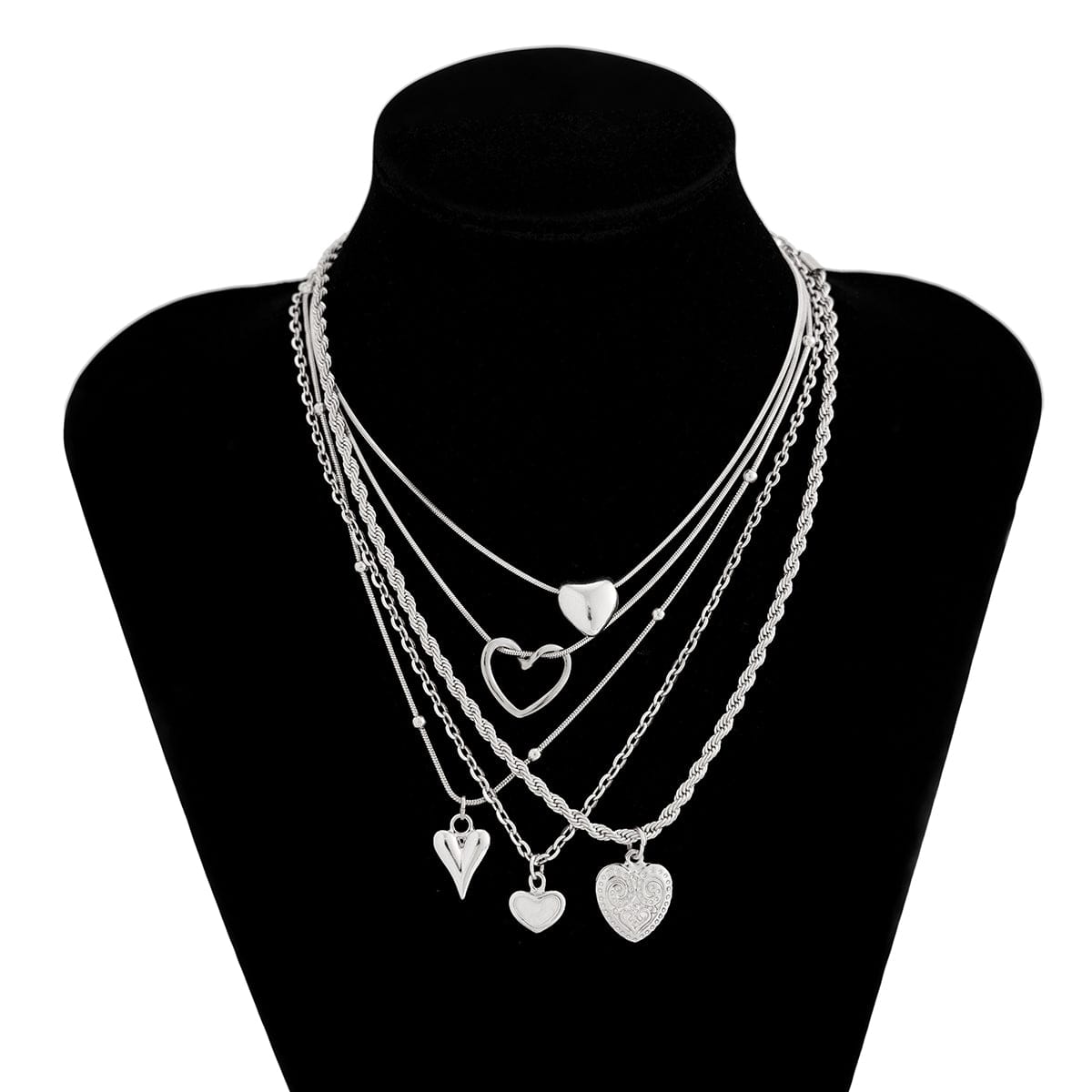 Minimalist 5pcs Relief Hollow Heart Pendant Rope Saturn Chain Necklace Set - ArtGalleryZen