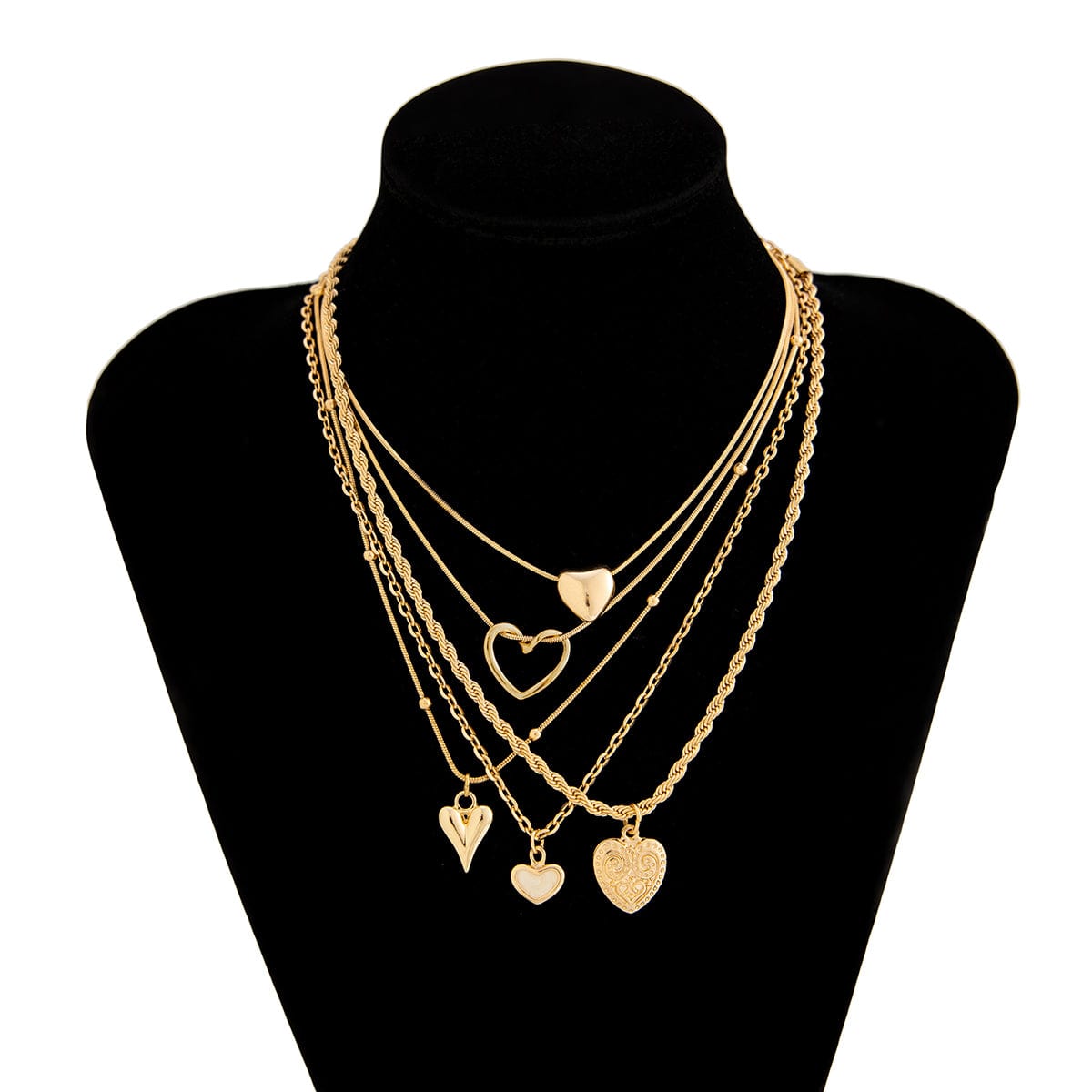 Minimalist 5pcs Relief Hollow Heart Pendant Rope Saturn Chain Necklace Set - ArtGalleryZen