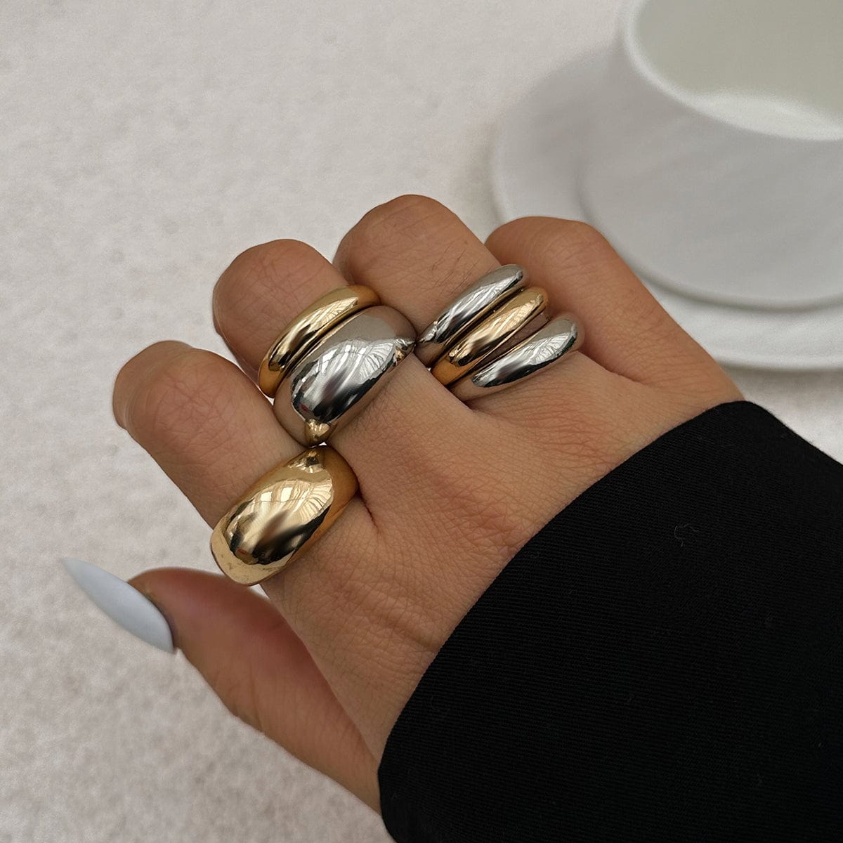 Minimalist 6pcs Gold Silver Tone Glossy Ring Set - ArtGalleryZen