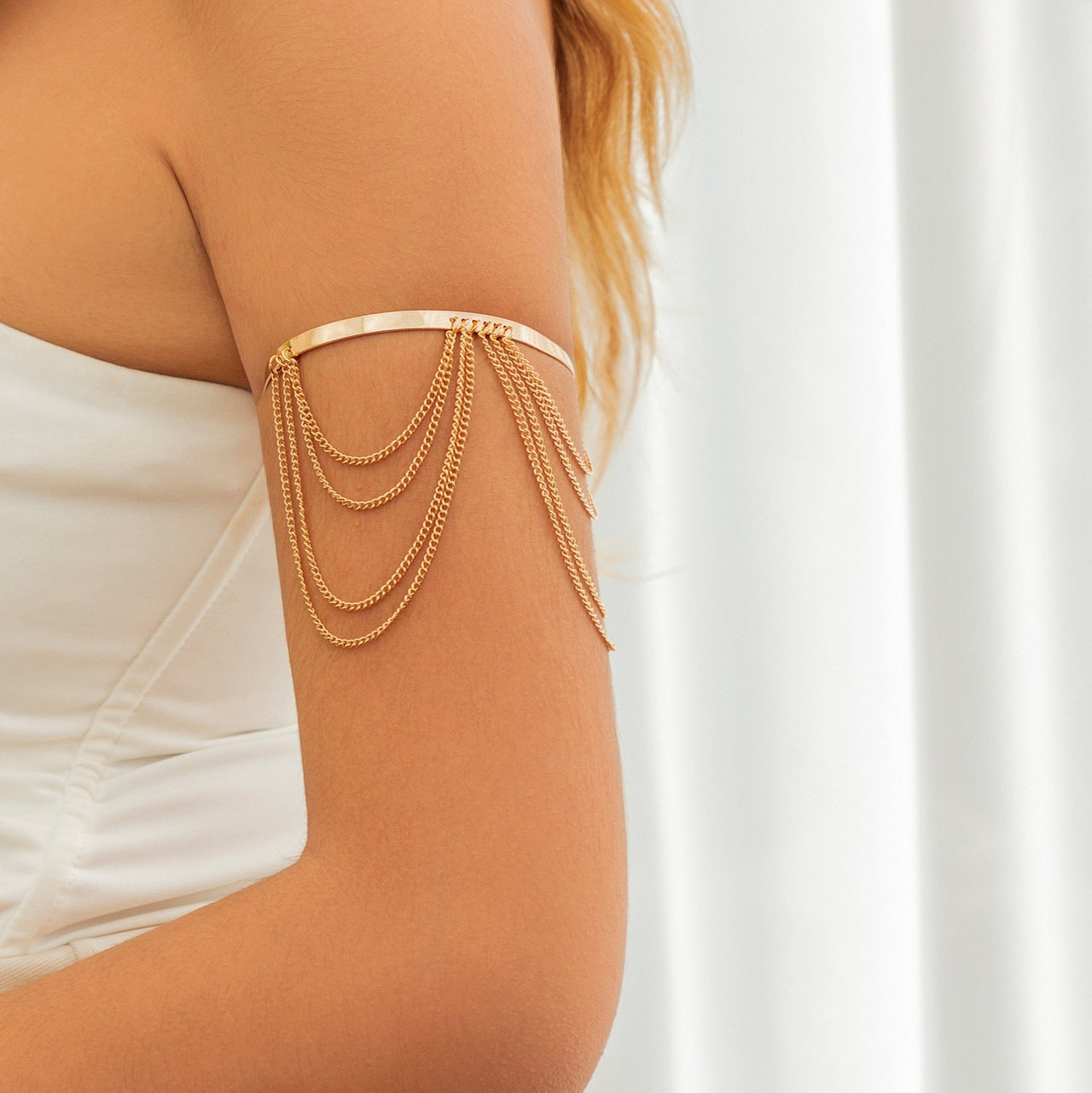 Minimalist Layered Curb Chain Tassel Arm Cuff - ArtGalleryZen