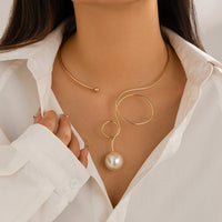 Thumbnail for Minimalist Spiral Pearl Pendant Open Collar Necklace - ArtGalleryZen