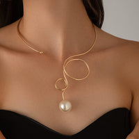 Thumbnail for Minimalist Spiral Pearl Pendant Open Collar Necklace - ArtGalleryZen