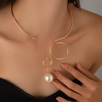 Thumbnail for Minimalist Spiral Pearl Pendant Open Collar Necklace - ArtGalleryZen