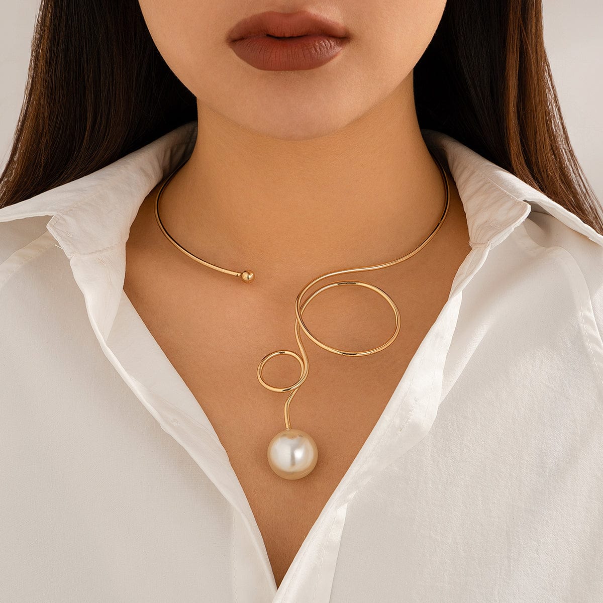 Minimalist Spiral Pearl Pendant Open Collar Necklace - ArtGalleryZen