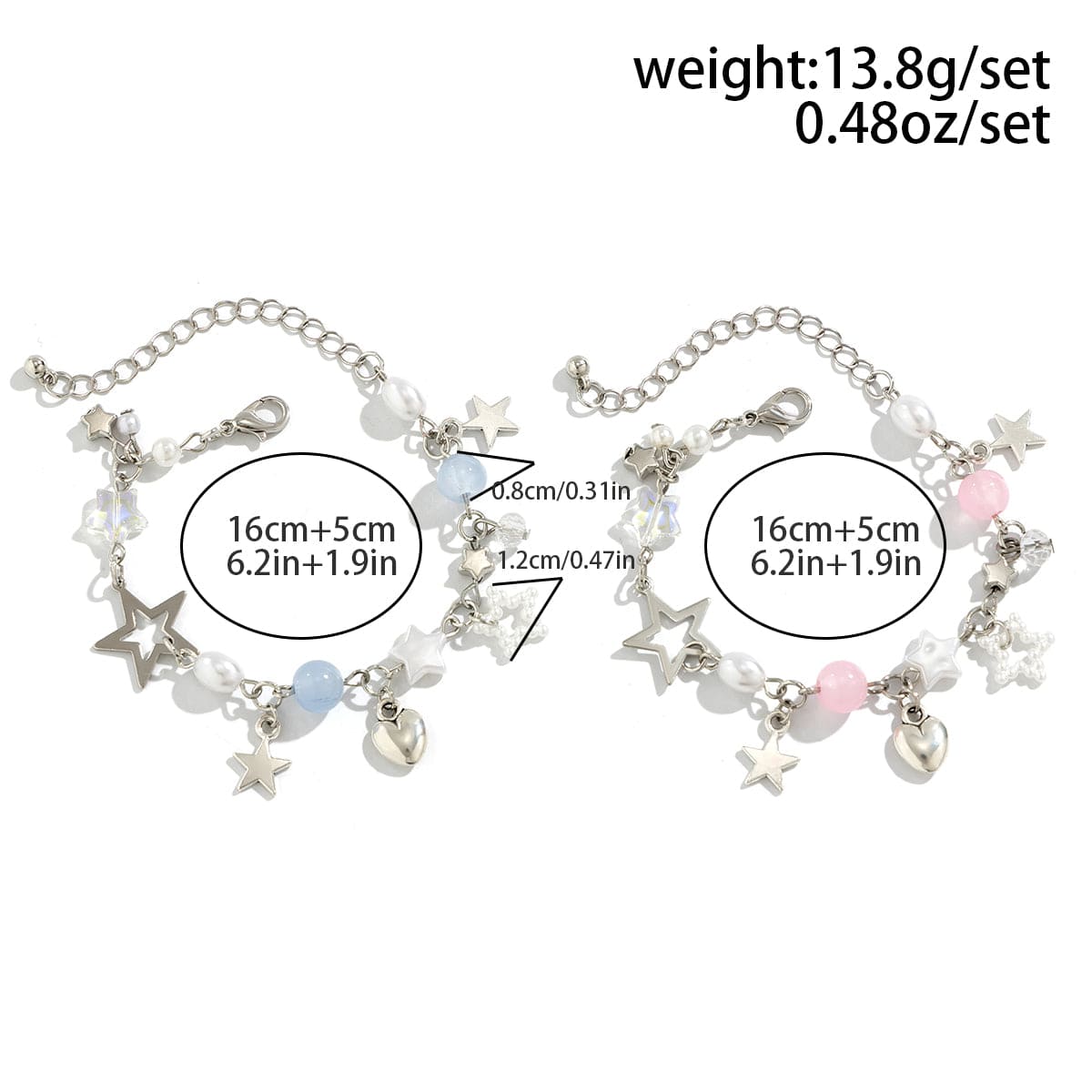 Newly 2 Pcs Heart Star Tassel Crystal Pearl Chain Bracelet Set - ArtGalleryZen