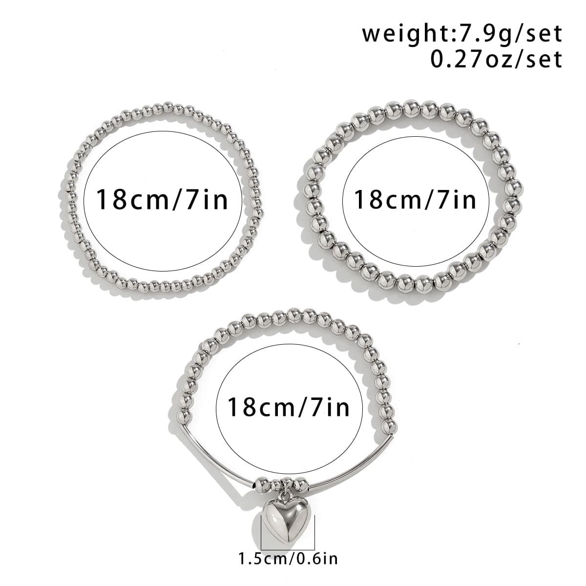 Newly 3pcs Silver Plated Heart Pendant Ball Chain Bracelet Set - ArtGalleryZen