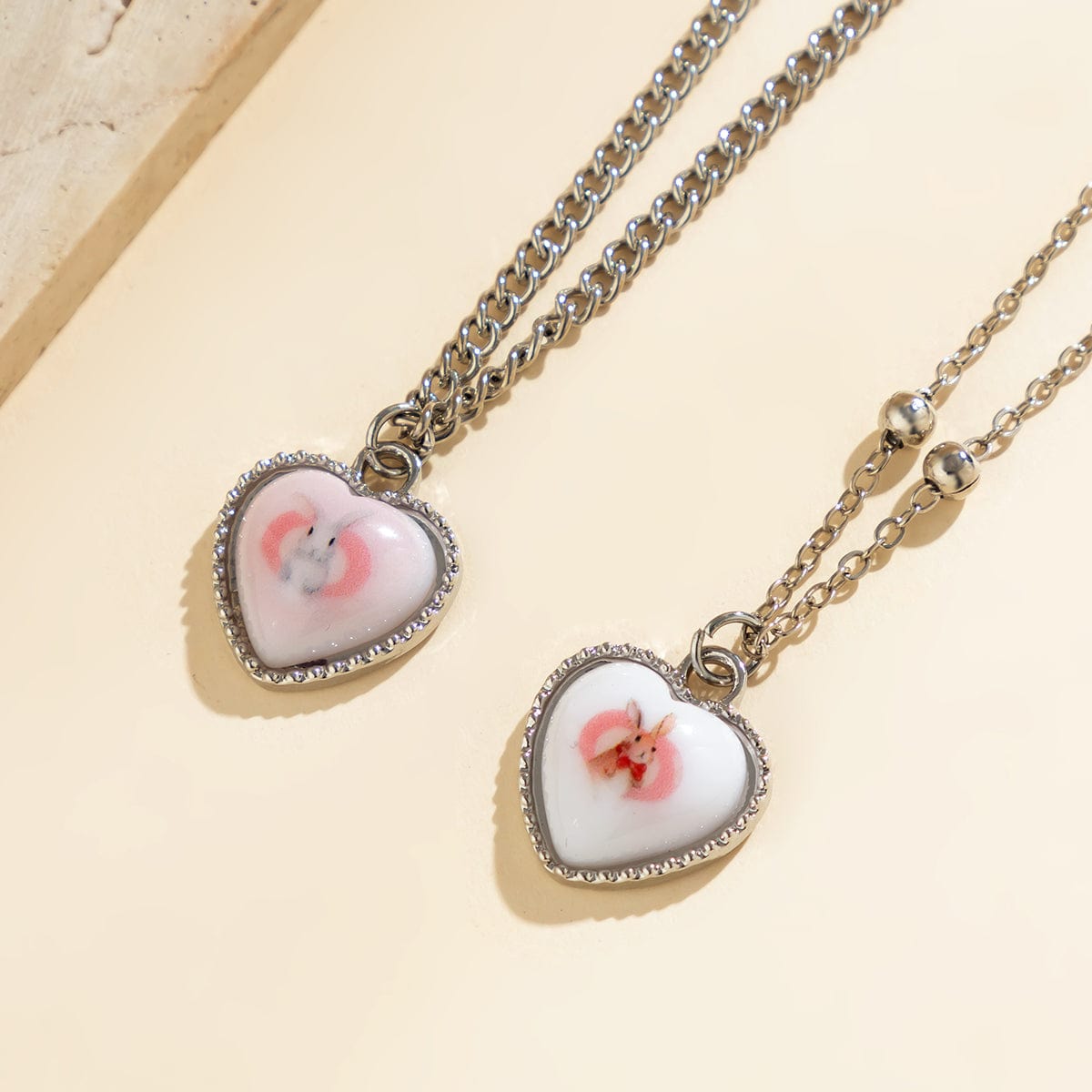Newly Double Layered Rabbit Pattern Heart Pendant Ball Chain Necklace Set - ArtGalleryZen