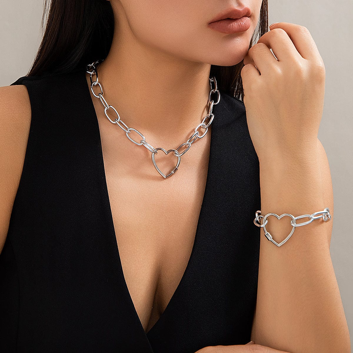 Newly Hollow Heart Pendant Cable Chain Necklace Bracelet Set - ArtGalleryZen
