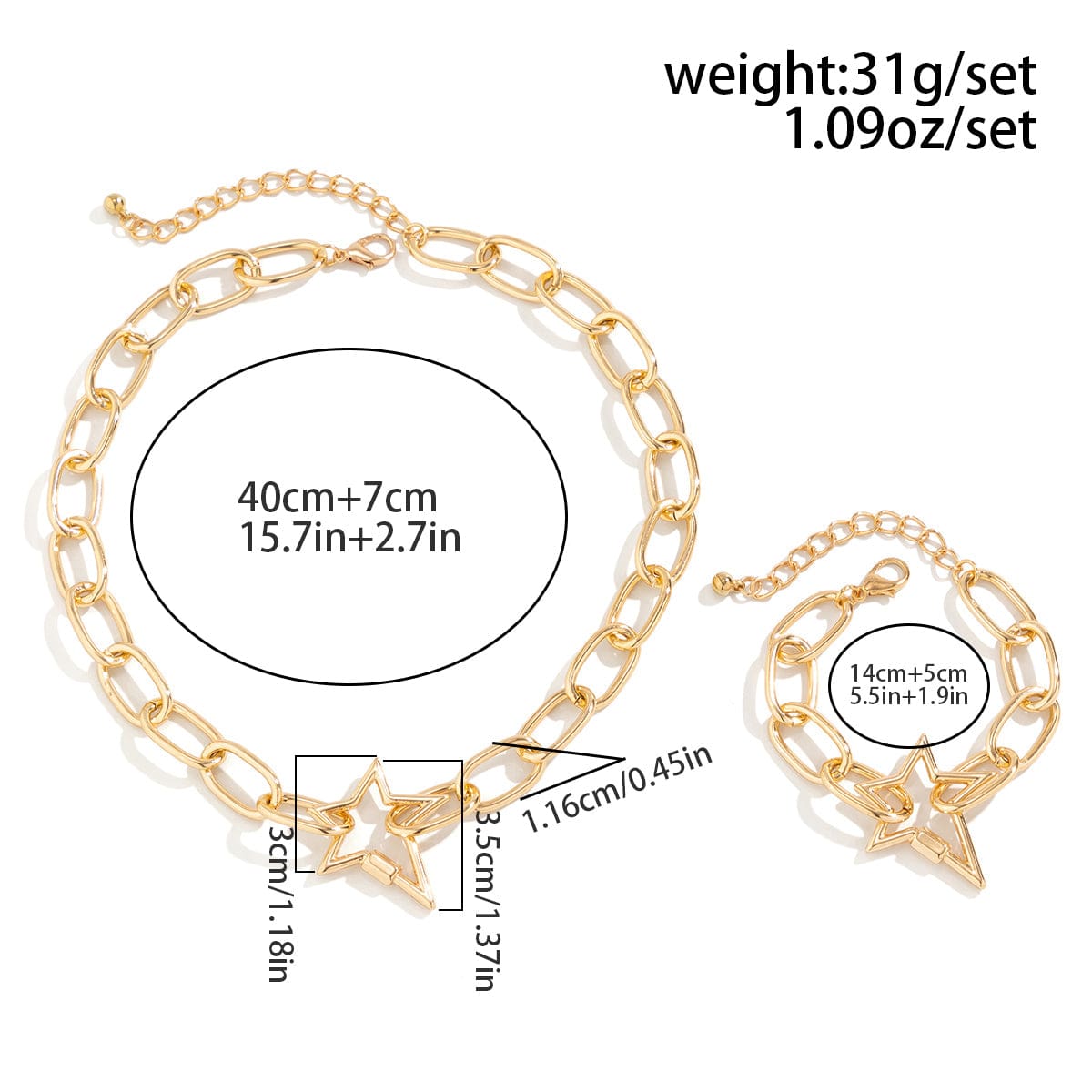 Newly Hollow Star Pendant Cable Chain Necklace Bracelet Set - ArtGalleryZen