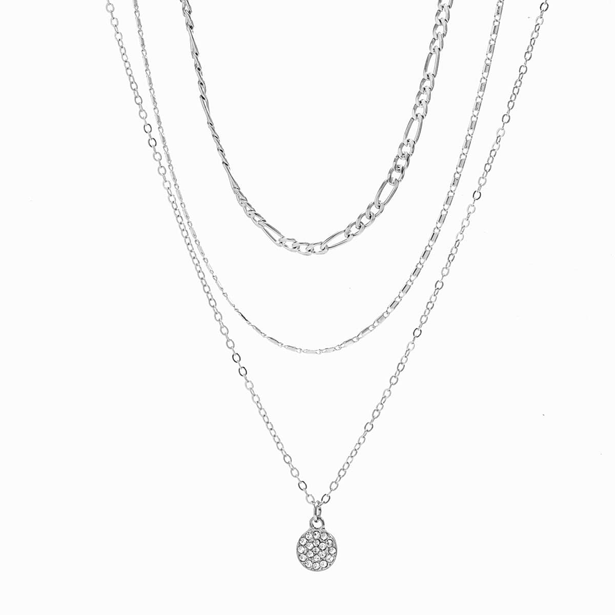 Newly Layered CZ Inlaid Round Disk Pendant Cable Chain Necklace Set - ArtGalleryZen