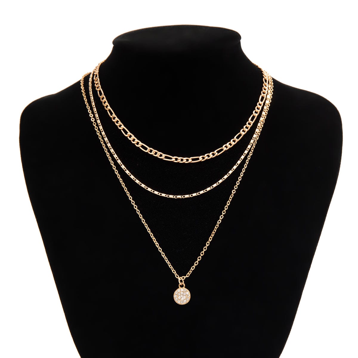 Newly Layered CZ Inlaid Round Disk Pendant Cable Chain Necklace Set - ArtGalleryZen