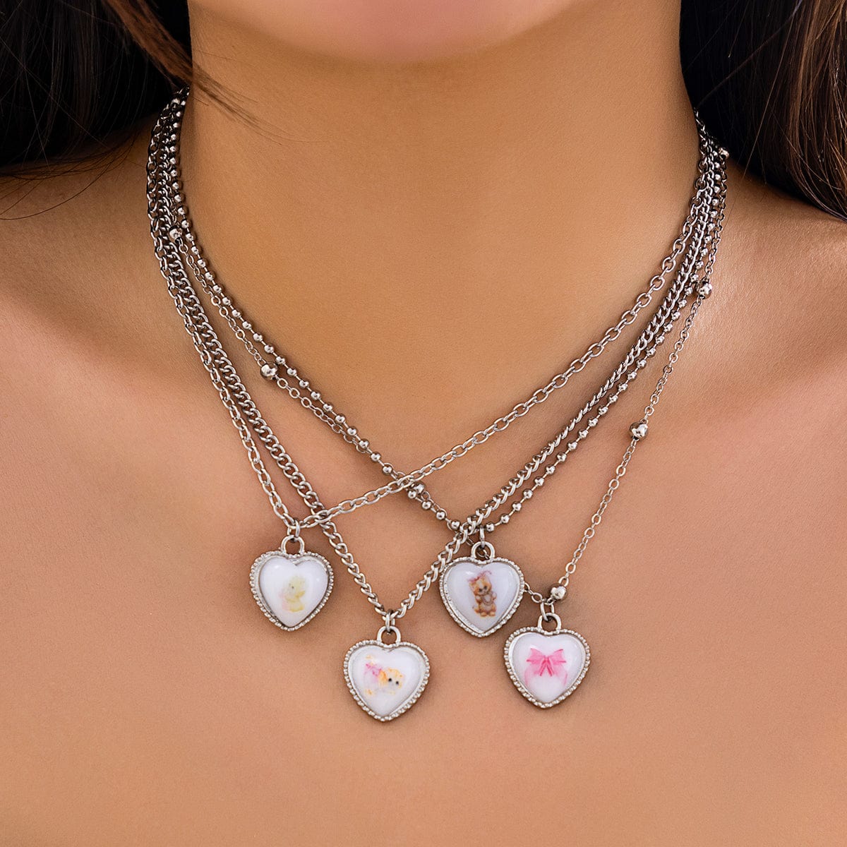 Newly Layered Cat Bowknot Pattern Heart Pendant Ball Chain Necklace Set - ArtGalleryZen