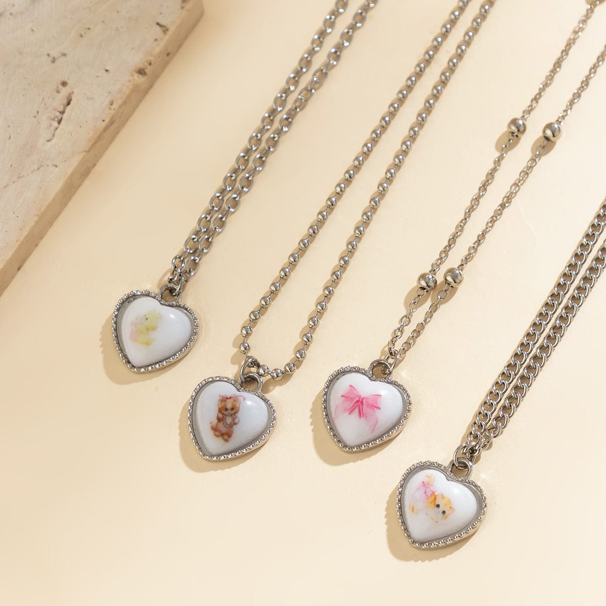 Newly Layered Cat Bowknot Pattern Heart Pendant Ball Chain Necklace Set - ArtGalleryZen