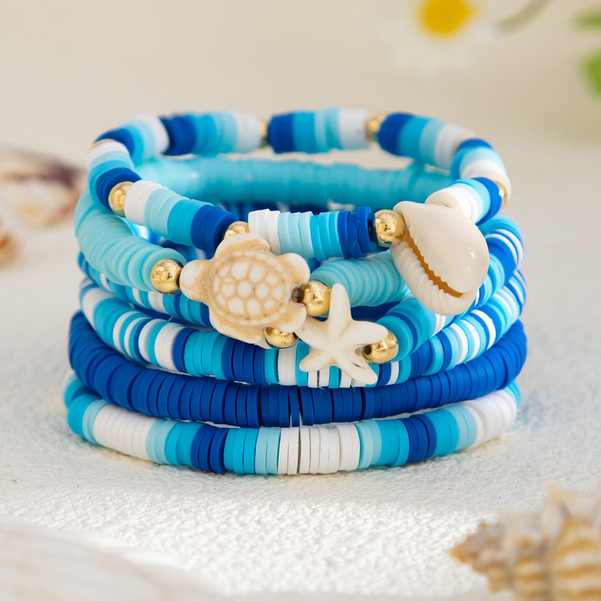 Ocean Style 6pcs Conch Turtle Starfish Polymer Clay Letter Beaded Bracelet Set - ArtGalleryZen