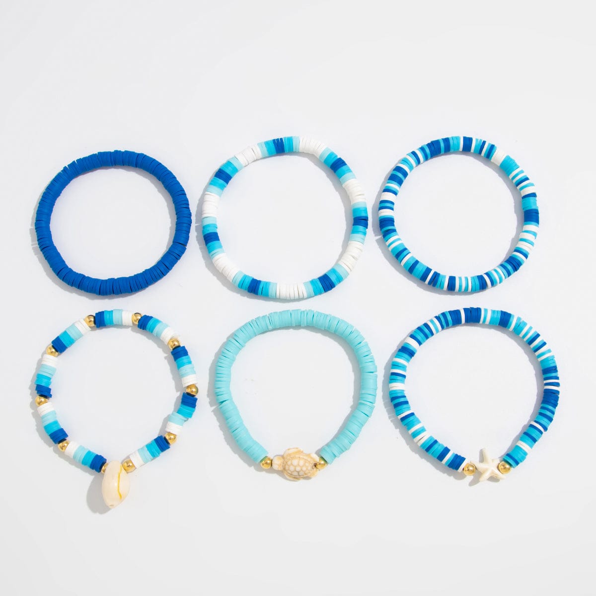 Ocean Style 6pcs Conch Turtle Starfish Polymer Clay Letter Beaded Bracelet Set - ArtGalleryZen