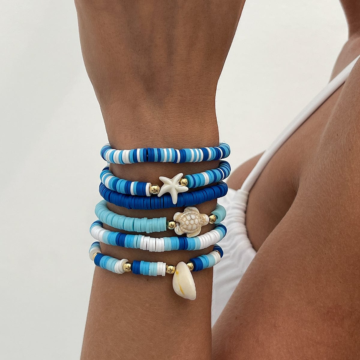 Ocean Style 6pcs Conch Turtle Starfish Polymer Clay Letter Beaded Bracelet Set - ArtGalleryZen