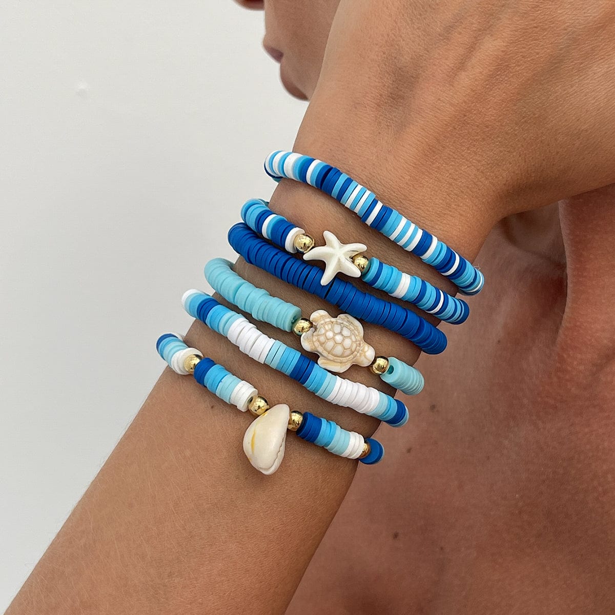 Ocean Style 6pcs Conch Turtle Starfish Polymer Clay Letter Beaded Bracelet Set - ArtGalleryZen
