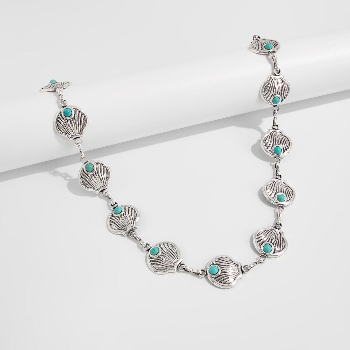 Ocean Style Silver Tone Turquoise Inlaid Shell Waist Chain - ArtGalleryZen