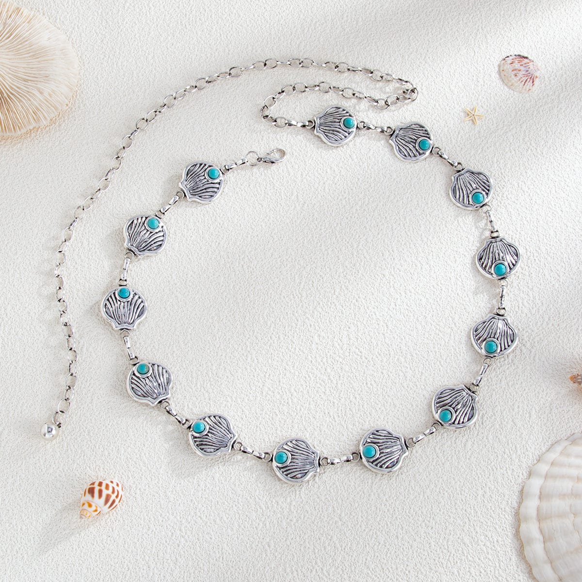 Ocean Style Silver Tone Turquoise Inlaid Shell Waist Chain - ArtGalleryZen