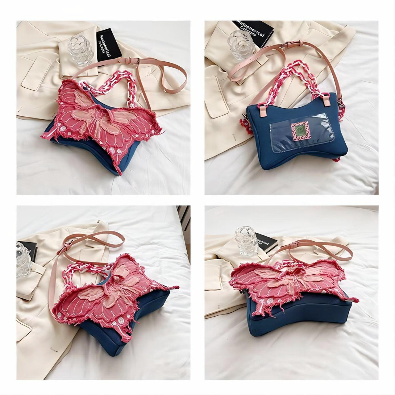 Original Pink Denim Butterfly Acrylic Chain Shoulder Crossbody Bag - ArtGalleryZen