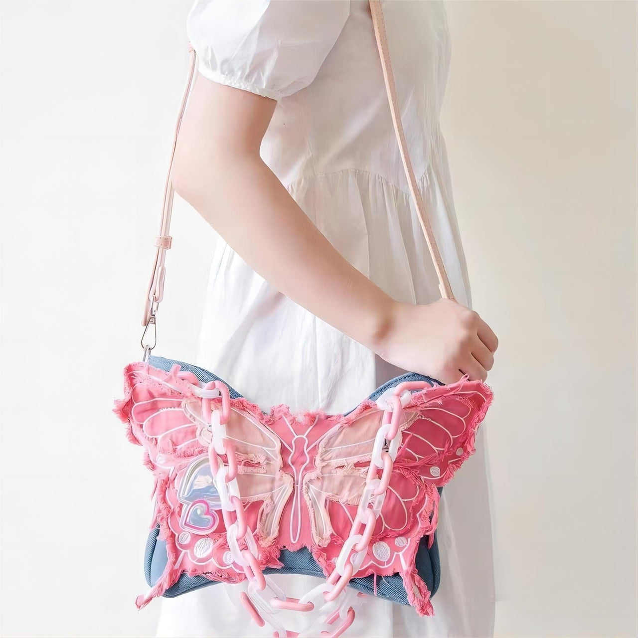 Original Pink Denim Butterfly Acrylic Chain Shoulder Crossbody Bag - ArtGalleryZen