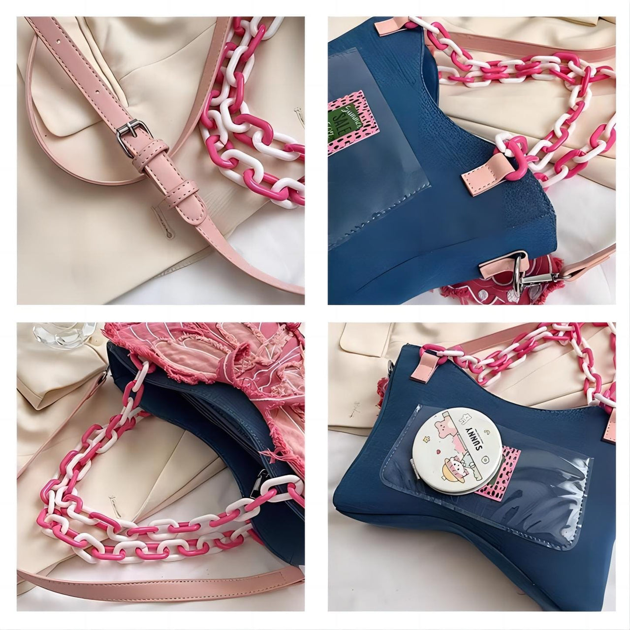 Original Pink Denim Butterfly Acrylic Chain Shoulder Crossbody Bag - ArtGalleryZen