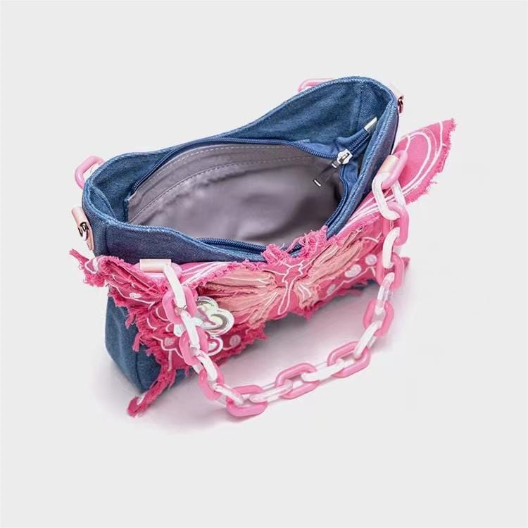 Original Pink Denim Butterfly Acrylic Chain Shoulder Crossbody Bag - ArtGalleryZen