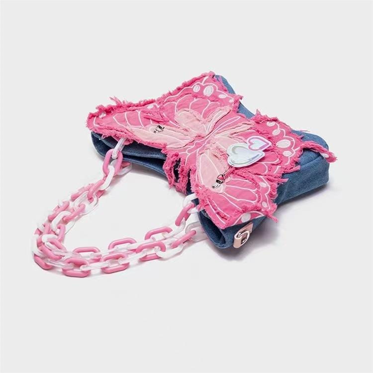 Original Pink Denim Butterfly Acrylic Chain Shoulder Crossbody Bag - ArtGalleryZen