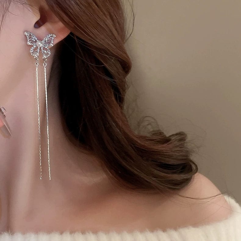 Pearl Inlaid Zircon Butterfly Tassel Earrings - ArtGalleryZen