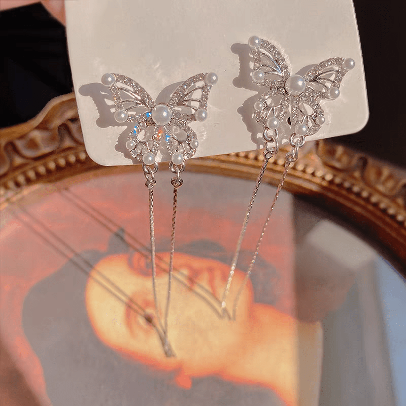 Pearl Inlaid Zircon Butterfly Tassel Earrings - ArtGalleryZen