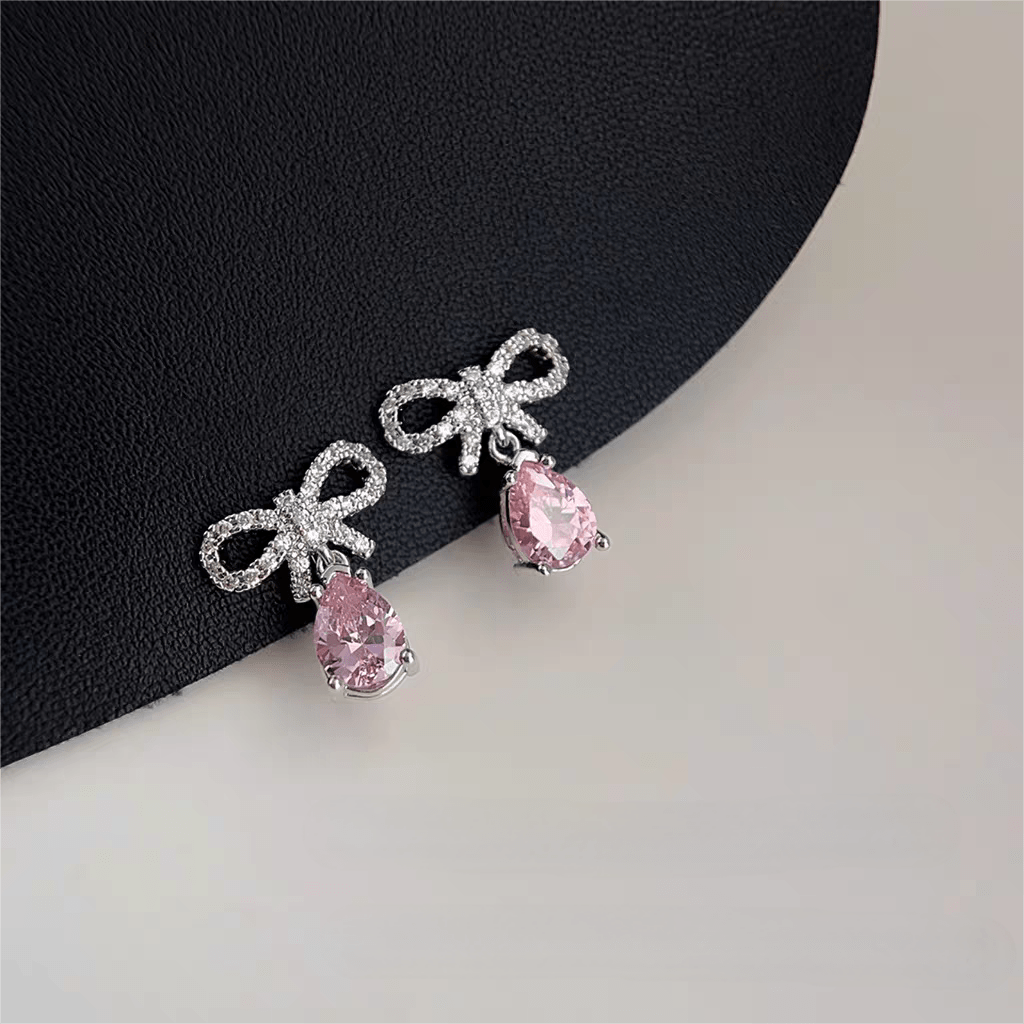 Pink Crystal Bowknot Dangle Earrings - ArtGalleryZen
