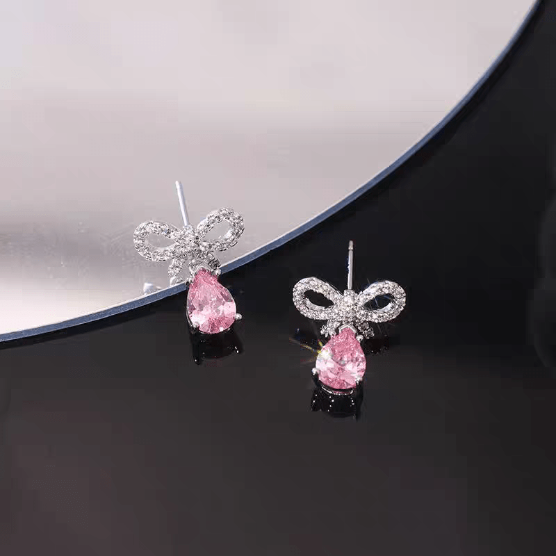 Pink Crystal Bowknot Dangle Earrings - ArtGalleryZen