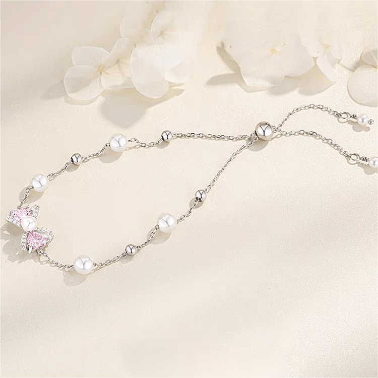 Pink Crystal Bowknot Pearl Chain Bracelet - ArtGalleryZen