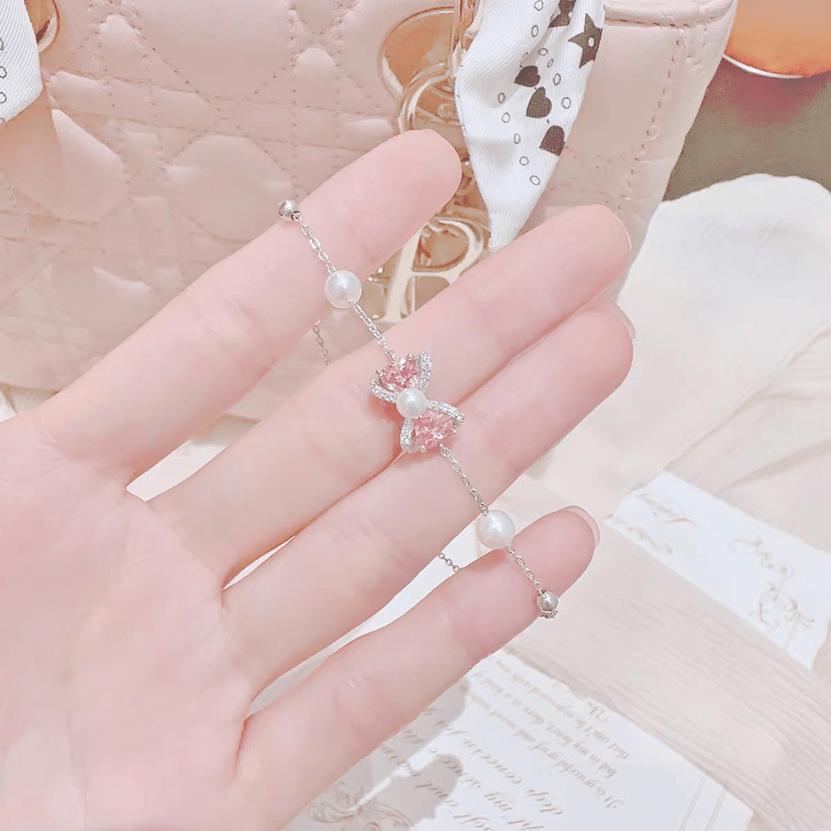 Pink Crystal Bowknot Pearl Chain Bracelet - ArtGalleryZen