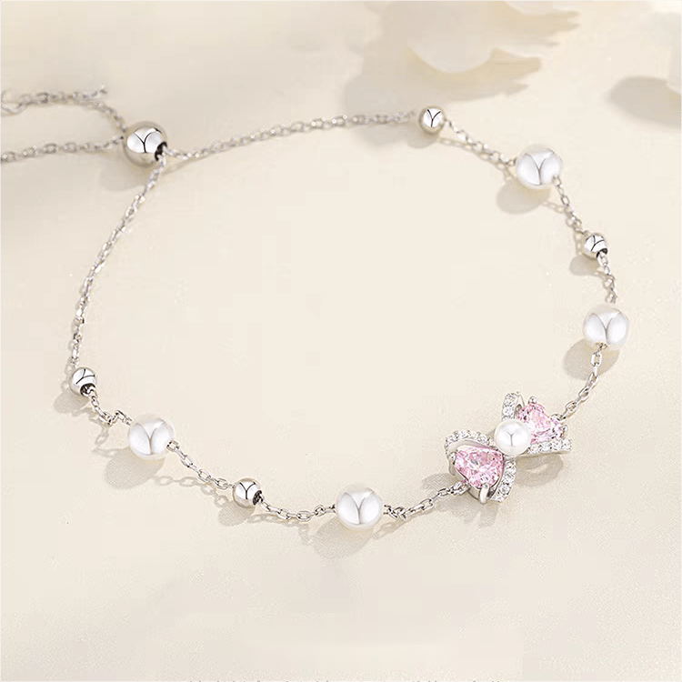 Pink Crystal Bowknot Pearl Chain Bracelet - ArtGalleryZen